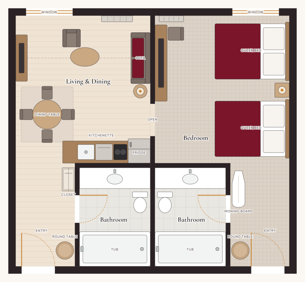 Floor plan of a Village Inn furnished apartment: living and dining room with kitchenette, one bedroom with two queen beds, and two full bathrooms